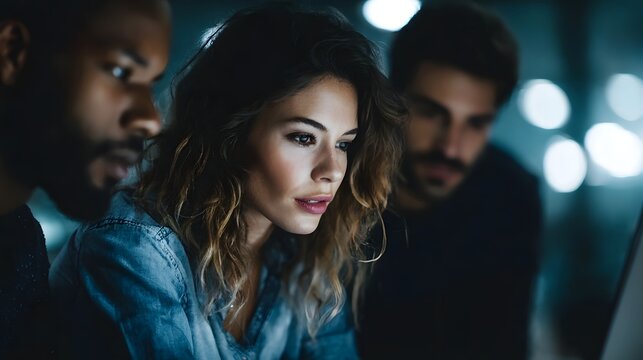 Diverse colleagues concentrating on a computer screen in a dark office working late