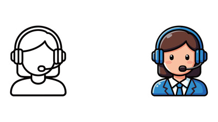 Female Customer Service and Support Agent Icon - Outline and Flat Style