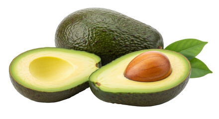 Isolated group of avocados showing the seed plus one half avocado without a seed
