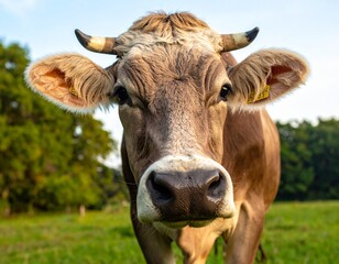 Obraz premium High-definition close-up of a cow looking directly at the camera. The image captures fine details of the cow’s face — soft fur texture, moist nose, big gentle eyes, and expressive ears. 