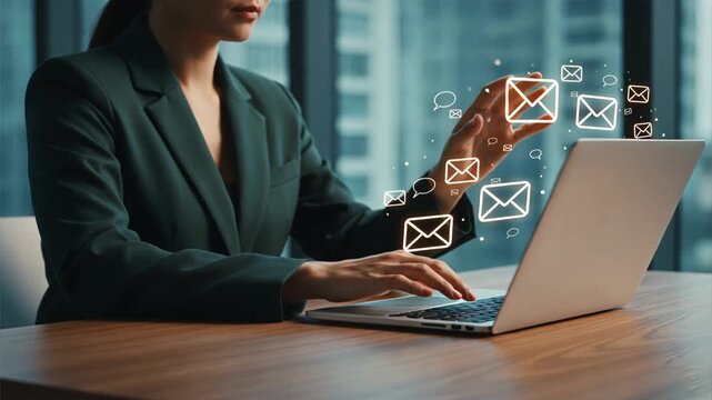 A businesswoman using a laptop with glowing floating email icons in modern office, showing notification alert and digital communication - Powered by Adobe