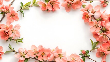 Obraz premium Coral color spring blossom flowers frame on white background. Floral composing. Top view, flat lay