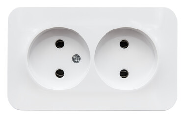 A white electrical outlet on a white background. An isolated surface-mounted electrical outlet.