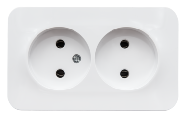 A white electrical outlet on a white background. An isolated surface-mounted electrical outlet.