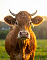High-definition close-up of a cow looking directly at the camera. The image captures fine details of the cow’s face — soft fur texture, moist nose, big gentle eyes, and expressive ears. 