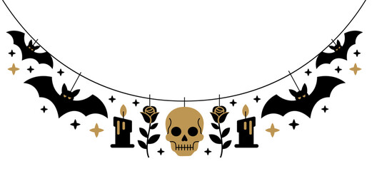 Halloween garland with bats, skulls, roses, candles, and stars, hanging on string. Halloween cartoon character. Gothic Halloween theme, modern minimal style. Spooky icons design black and gold palette