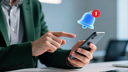 A businessman tapping on a phone with floating blue bell icon emphasizing notification alert and digital communication - Powered by Adobe