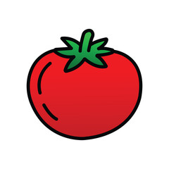 Red tomato with green stem and black outline stands against a white background