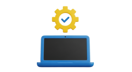 Isolated computer settings, blue and yellow, with a gear icon symbolizing preferences and configurations