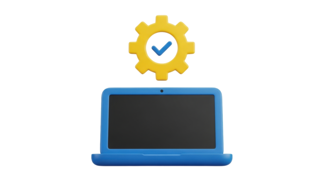 Isolated computer settings, blue and yellow, with a gear icon symbolizing preferences and configurations