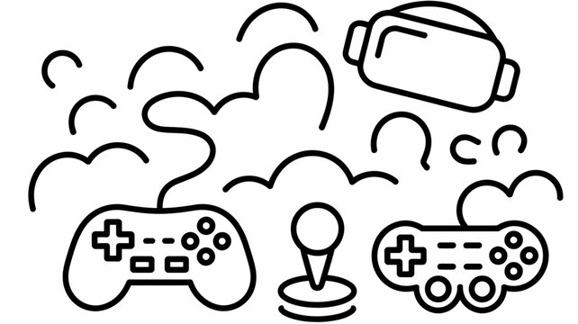 Outline drawing of vr headset and game controllers with abstract doodle elements in black and white
