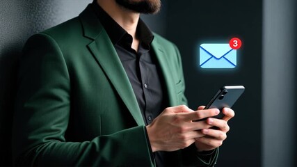 A businessman holding a smartphone with glowing blue envelope icon representing notification alert and digital communication - Powered by Adobe