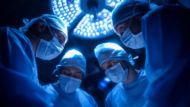 Four Doctors in Surgical Attire Standing Around the Operating Table in a Surgical Environment