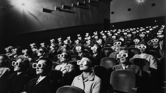 Black and white image of an audience wearing 3D glasses in a theater. Shot from the back, capturing the immersive video experience. Live desktop wallpaper.