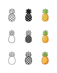 Pineapple Fruit Icon Set - Outline, Black Solid, and Flat Yellow Style for Tropical Food and Drink
