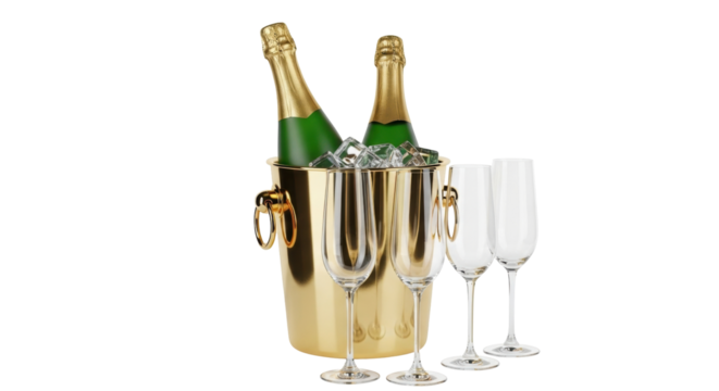 Isolated champagne flutes with bottles of wine in ice bucket for special occasion event