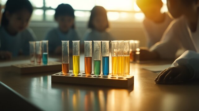 Test tubes filled with colorful liquids resting on a wooden rack while elementary school students and their teacher conduct a chemistry experiment in warm sunlight - Powered by Adobe