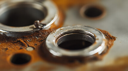 Corroded Metal Surface: Close-up of rust around metal rings showing aging and wear. Texture and decay detail.
