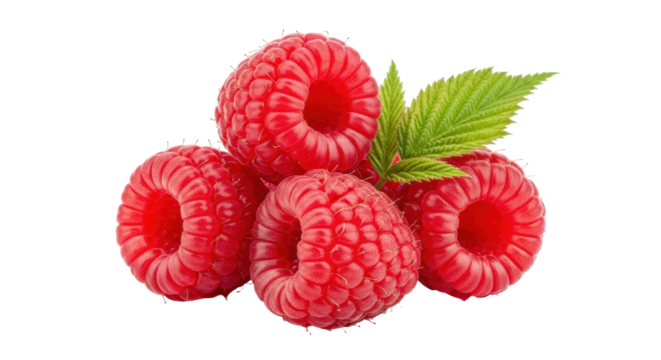 Isolated fresh raspberries with leaves, sweet juicy delicious summer fruit closeup, healthy snack