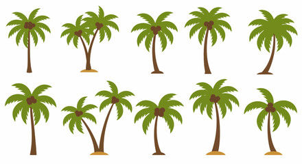 Ten distinct cartoon illustrations of coconut palm trees against a white background © Faisal