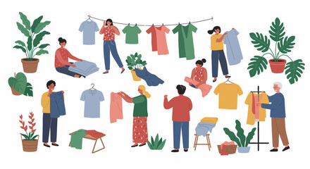 People hanging folding and sorting laundry near various potted plants