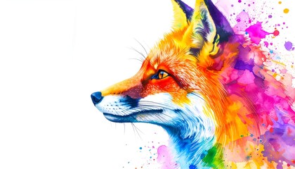 Naklejka premium A colorful watercolor painting of a fox's profile, blending vibrant hues with white space