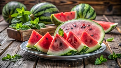 Freshly sliced watermelon pieces arranged on a plate with whole watermelons and mint leaves on a rustic wooden table