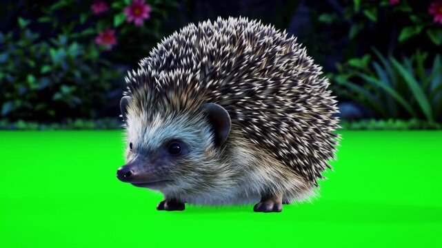 Adorable small hedgehog walking on a green screen background.