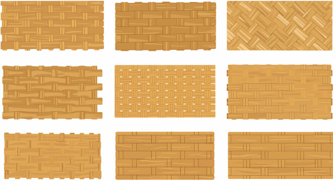 Nine rectangular patterns of woven wood or straw textures