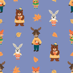 Seamless Pattern of Animals Wearing Autumn Clothes. Endless textures for your design.