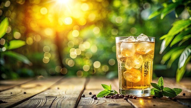 Refreshing iced tea with ice and mint leaves on a rustic wooden table bathed in warm sunlight amidst lush green foliage creating a serene summer outdoor ambiance - Powered by Adobe