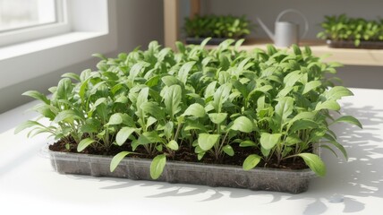 Fototapeta premium Medium shot of arugula seedlings flourishing under soft natural light emphasizing healthy leaves and sustainable microgreen production.
