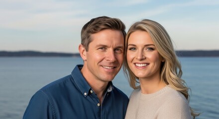Obraz premium A couple standing by the water, smiling and embracing.
