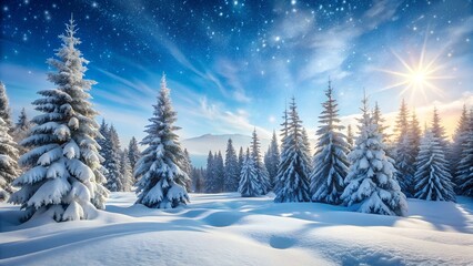 Magical winter forest landscape with snow covered evergreen trees under a vibrant blue sky with bright sun rays and sparkling stars