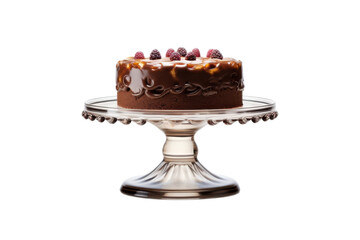 Delicious chocolate cake with berries on glass stand