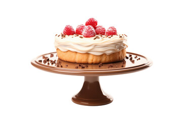 Delicious cake with raspberries on a brown cake stand