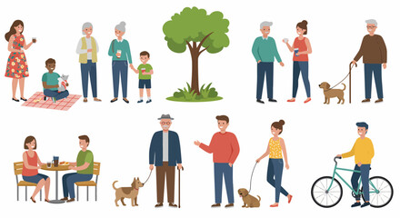 Fototapeta premium Diverse groups of people interacting outdoors with food pets and activities