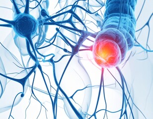 Neural Network Close-Up: A detailed, artistically rendered illustration of a neural network, showcasing the intricate connections of neurons and synapses.