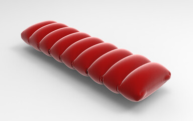 3D render of red velvet inflatable pillow mattress with detailed textile texture and soft segmented design isolated on white