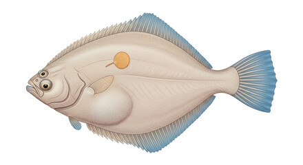 Isolated flatfish swims upward, a marine animal, illustration of halibut, a delicious food