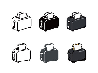 Toaster Kitchen Appliance Icon Set: Isometric Bread Toast Symbol in Outline and Flat Color Design.