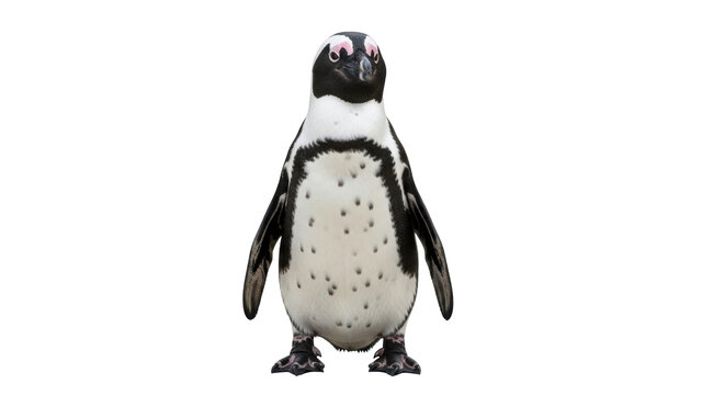 Isolated African penguin standing, bird with black and white feathers, looking straight ahead