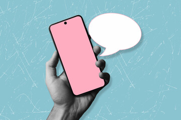 Modern art collage on the phone notification about the message. There is a place for copying space. Modern methods of transmitting information using the global Internet. Modern way of communication	