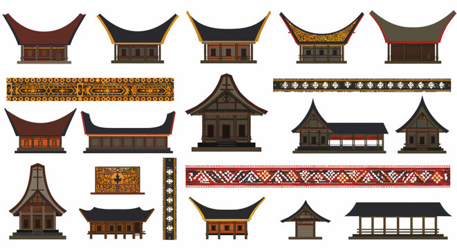 Collection of traditional Indonesian houses and decorative textile patterns