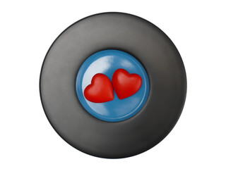 Two red hearts on black and blue plate over white background