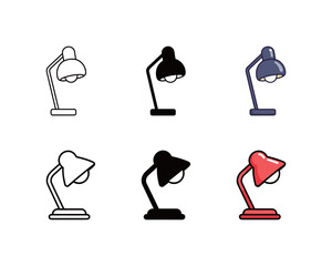 Desk Lamp Icon Set: Adjustable Table Light for Study and Office in Line Art, Solid, and Flat Color Styles.