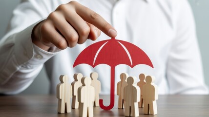 Umbrella of Protection: a symbol of security and care. A hand gently positions a red umbrella above a group of figures, demonstrating the concept of care.