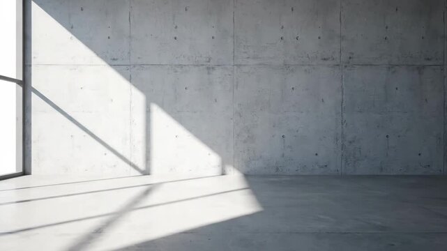 Empty Concrete Room with Light - A minimalist view of an empty room features textured concrete walls and floors. Sunlight streams in from a window, creating a dramatic light and shadow effect.