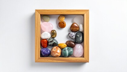 A wooden-framed display of polished gemstones arranged in a square grid against a white background