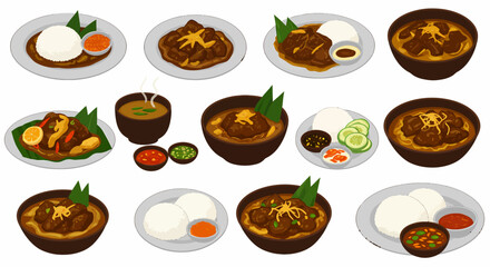 Collection of illustrated Indonesian or Southeast Asian curry dishes with rice and condiments